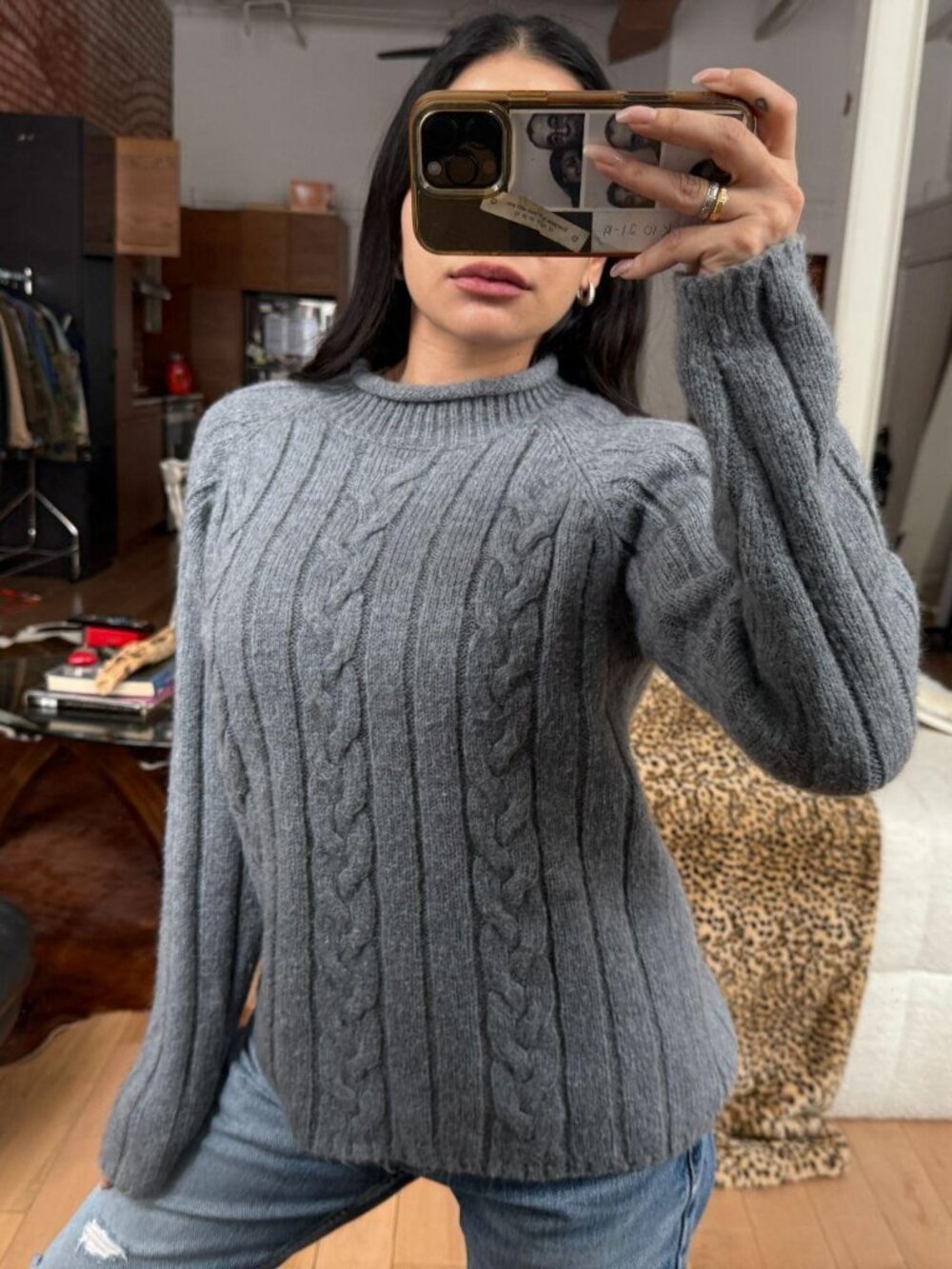 Y2K Vintage Grey Cable Knit Sweater Chunky Foldover Collar Cozy